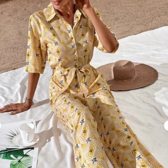 Allover Print Belted Shirt Jumpsuit